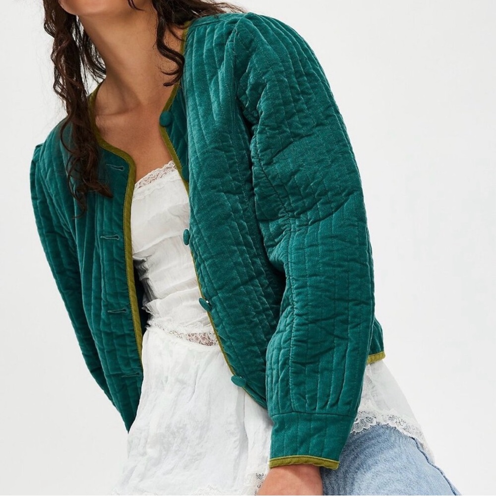 NEW Free People Natalia Teal Green Quilted Velvet Jacket‎ Size XL